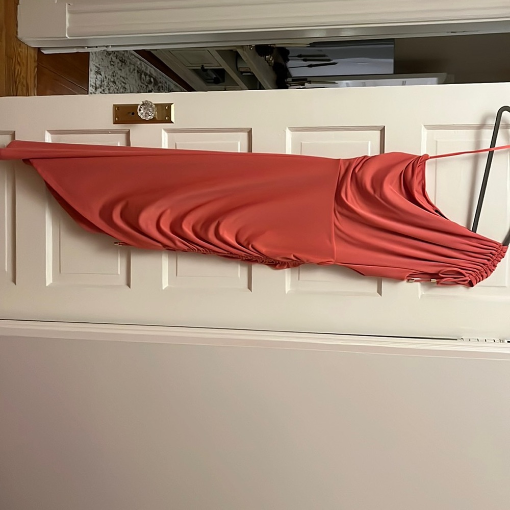 Coral one shoulder ruched cocktail midi dress size S